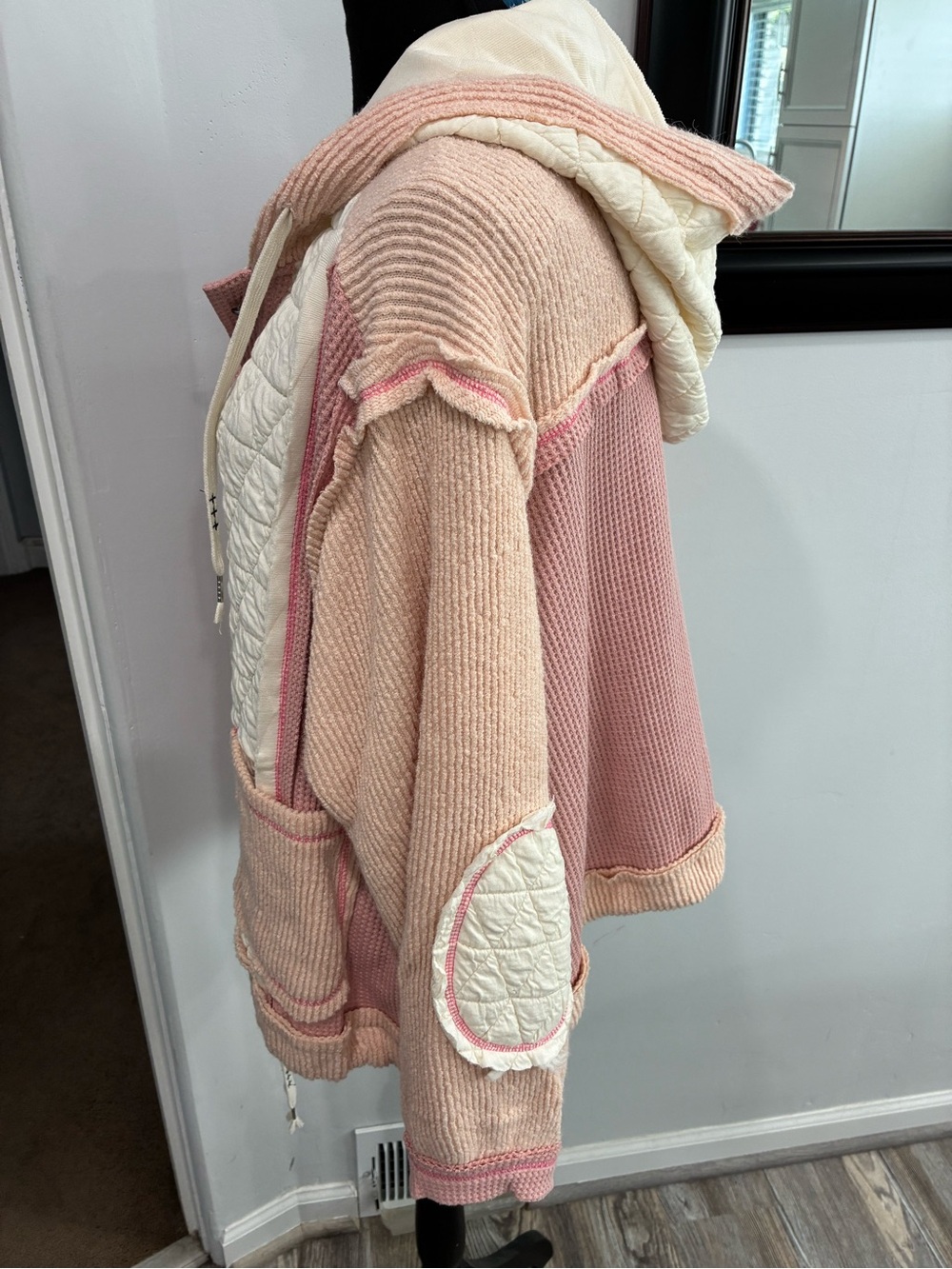 POL Pink and Cream Quilted Mixed-Knit Hooded Cardigan - Picture 5 of 9